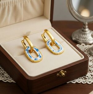 Gold and Blue Enamel Link Earrings